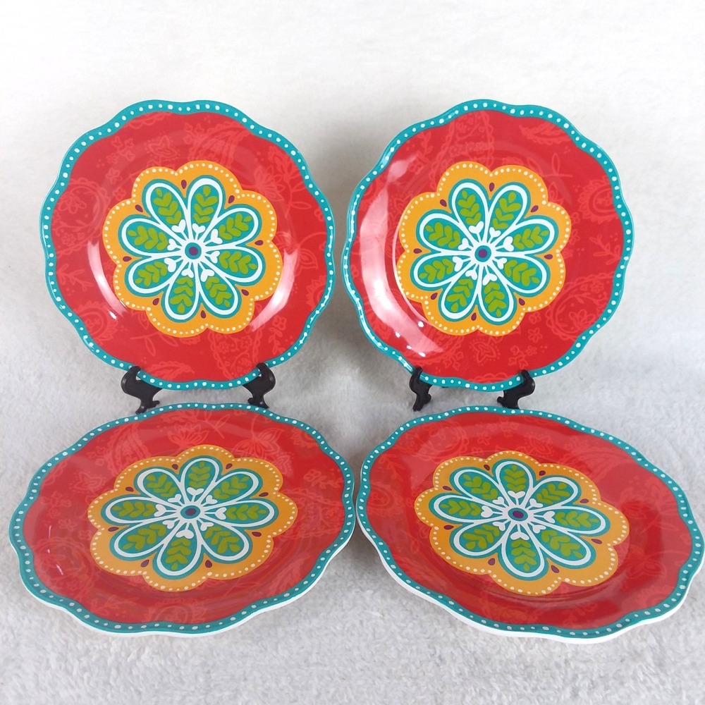 Pier 1 Sunny Floral Melamine Round Salad Plates 8.5" Bright Colors Flower Set 4